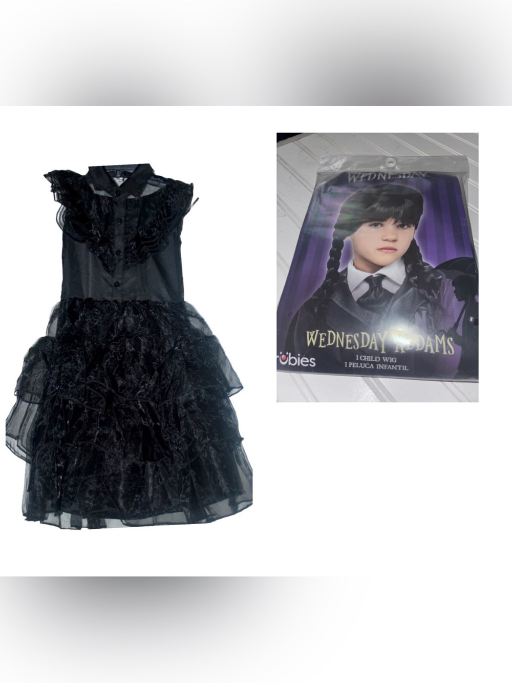 Wednesday Addams Girls Gothic Black Party Dance Dress Size 120 cm NWOT with wig